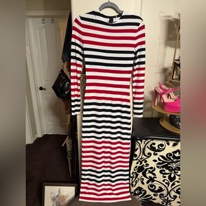 Norma Kamali Red and Black Striped Long Sleeve Dress